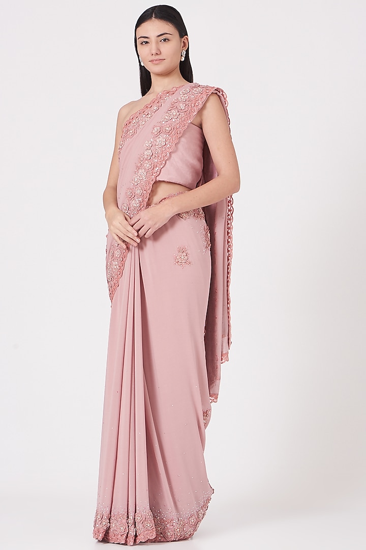 Blush Pink Applique Embroidered Saree Set by Shantanu Goenka
