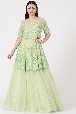 Mint Green Embroidered Peplum Gown by Shantanu Goenka