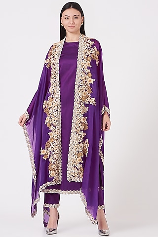 Aged Purple Embroidered Cape Set by Shantanu Goenka