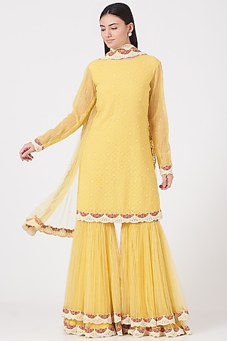 Light Mustard Embroidered Sharara Set by Shantanu Goenka