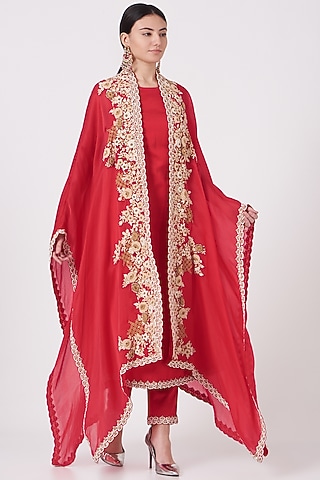 Cadmium Red Embroidered Cape Set by Shantanu Goenka
