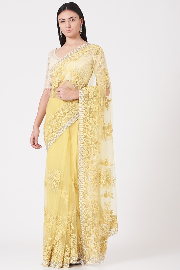 Butter Yellow Embroidered Saree Set by Shantanu Goenka