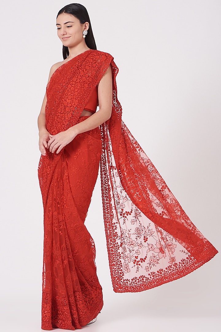 Cadmium Red Embroidered Saree Set by Shantanu Goenka
