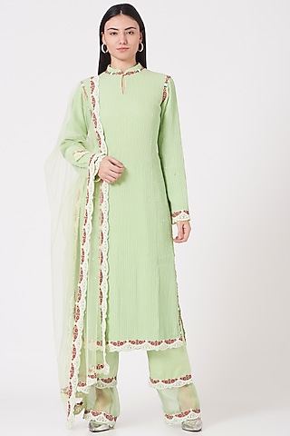 Pista Green Embroidered Kurta Set by Shantanu Goenka