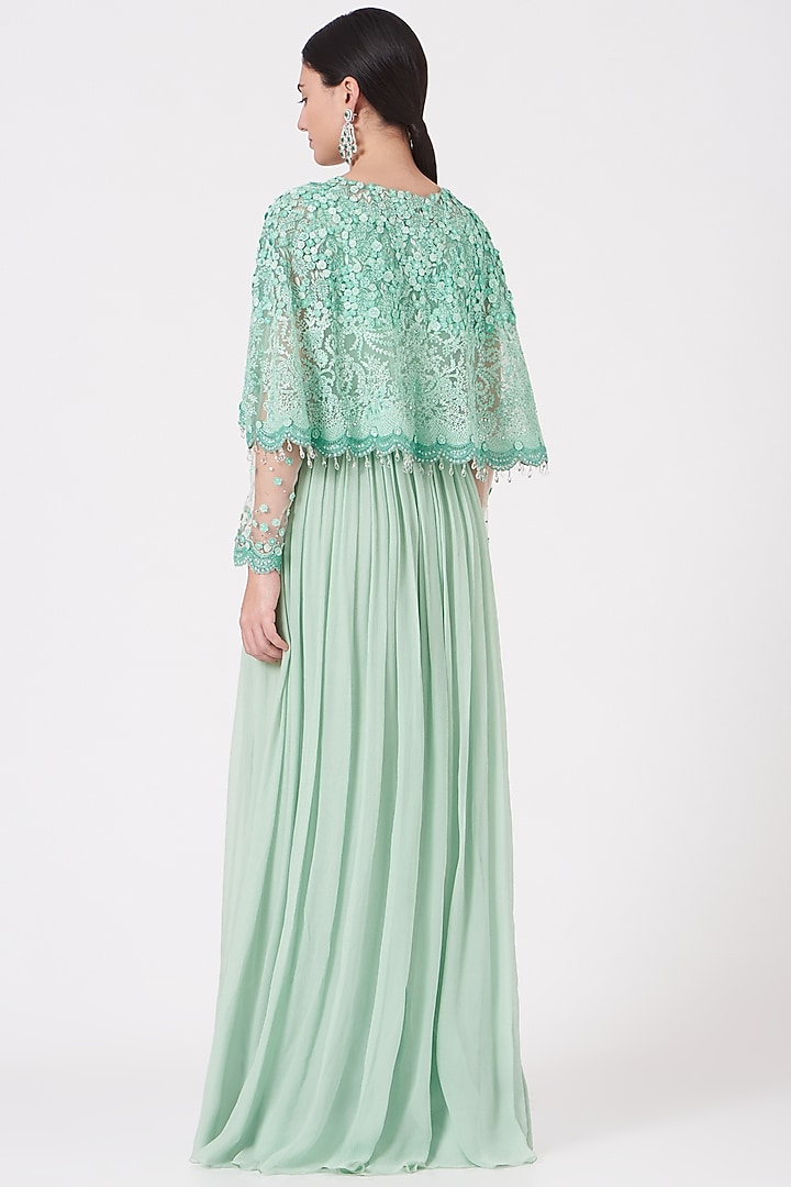 Medium Turquoise Party Wear Dress With Embroidered Cape by Shantanu Goenka at Pernia's Pop Up Shop
