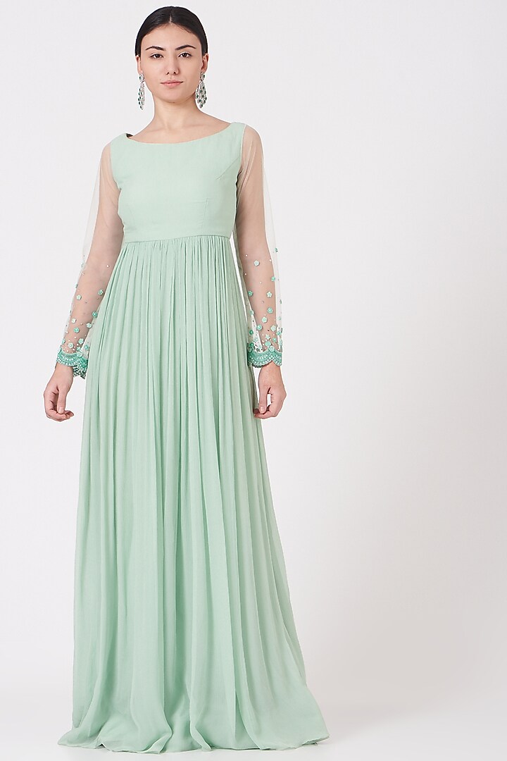 Medium Turquoise Party Wear Dress With Embroidered Cape by Shantanu Goenka at Pernia's Pop Up Shop