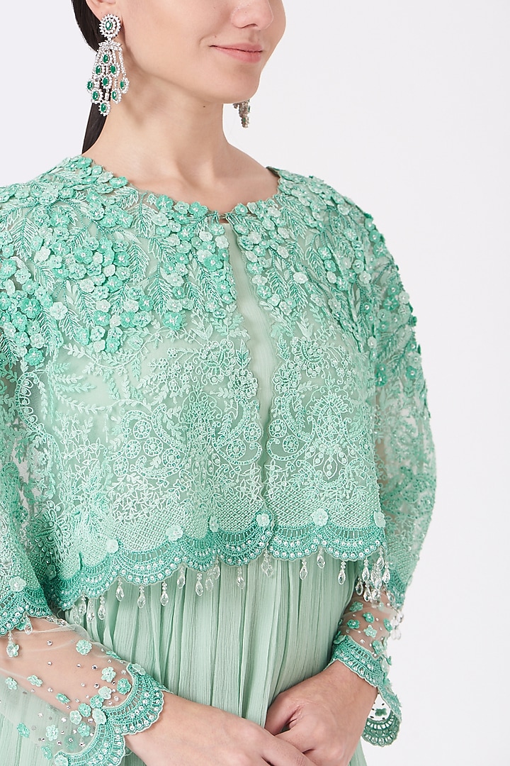 Medium Turquoise Party Wear Dress With Embroidered Cape by Shantanu Goenka at Pernia's Pop Up Shop