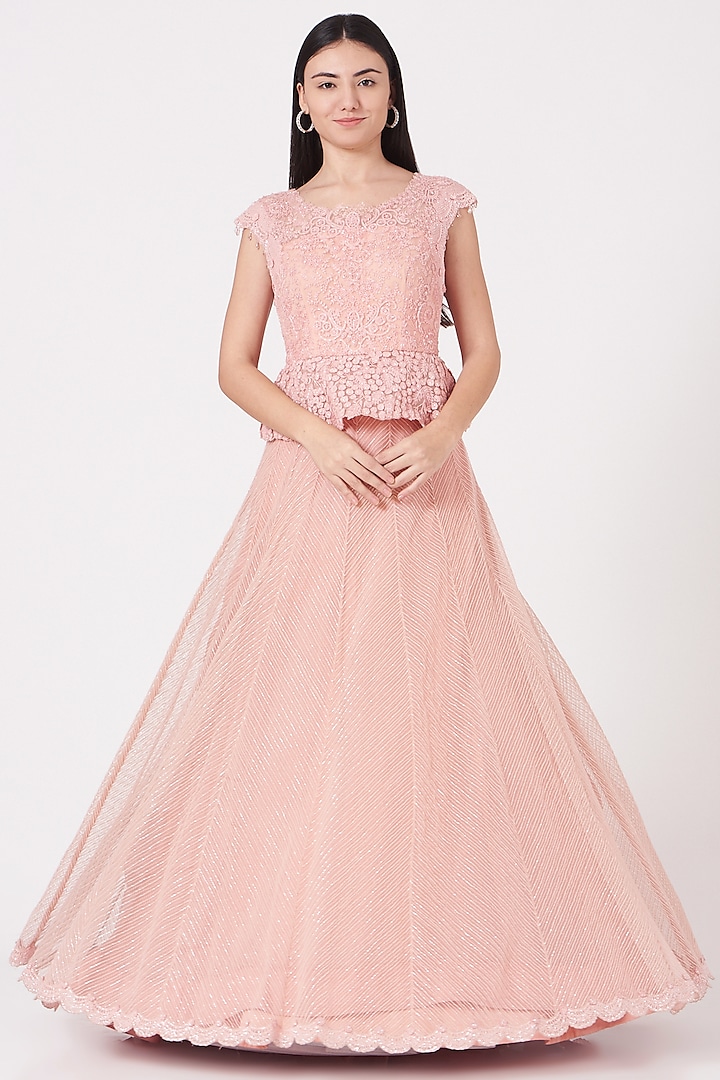 Blush Pink Embroidered Flared Gown by Shantanu Goenka