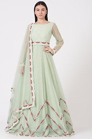 Mint Green Embroidered Anarkali Set by Shantanu Goenka