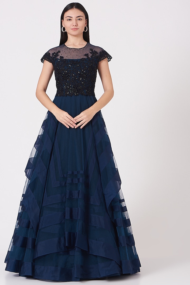 Navy Blue Embroidered Gown by Shantanu Goenka
