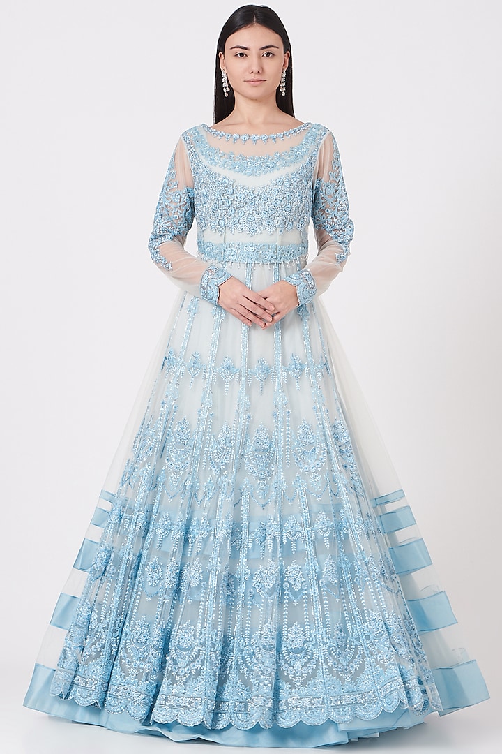 Baby Blue Embroidered Gown With Jacket by Shantanu Goenka