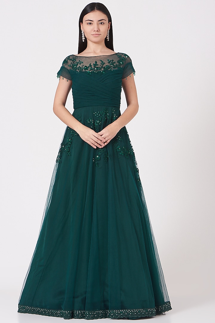Midnight Green Embroidered Gown by Shantanu Goenka