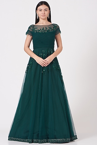 Midnight Green Embroidered Gown by Shantanu Goenka