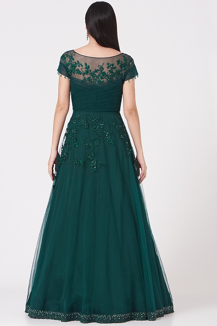 Midnight Green Embroidered Gown by Shantanu Goenka at Pernia's Pop Up Shop