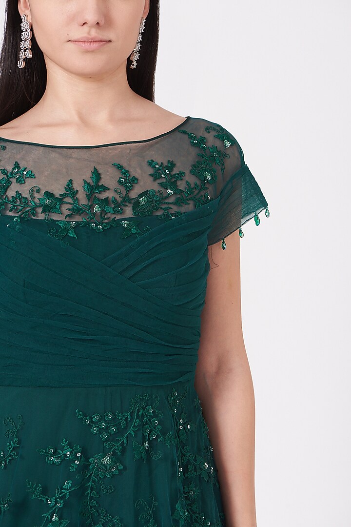 Midnight Green Embroidered Gown by Shantanu Goenka at Pernia's Pop Up Shop
