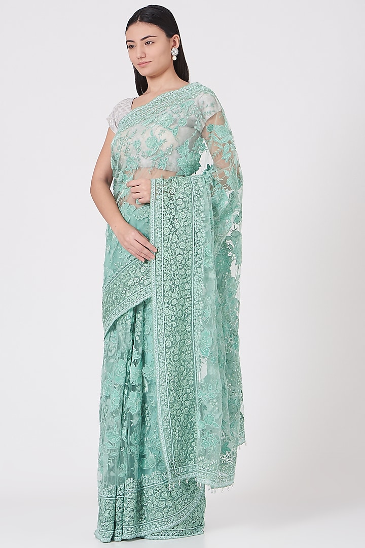 Aqua Blue Resham Applique Embroidered Saree Set by Shantanu Goenka