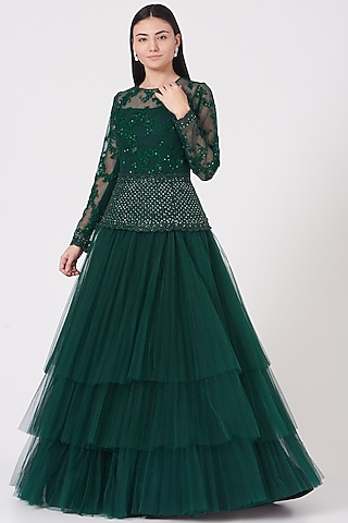 Midnight Green Embroidered Three-Layered Gown by Shantanu Goenka