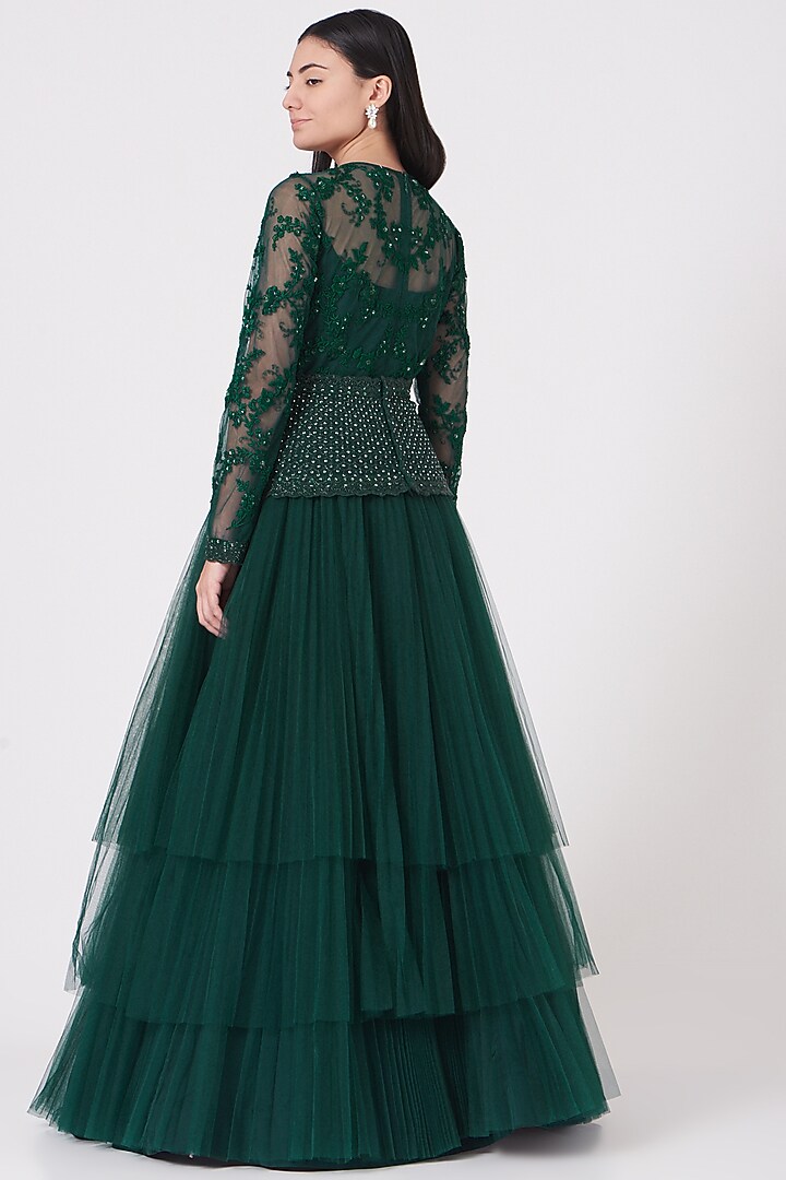 Midnight Green Embroidered Three-Layered Gown by Shantanu Goenka at Pernia's Pop Up Shop