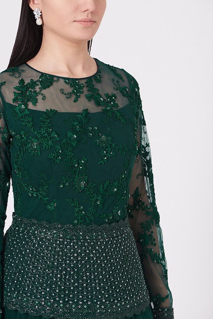 Midnight Green Embroidered Three-Layered Gown by Shantanu Goenka at Pernia's Pop Up Shop