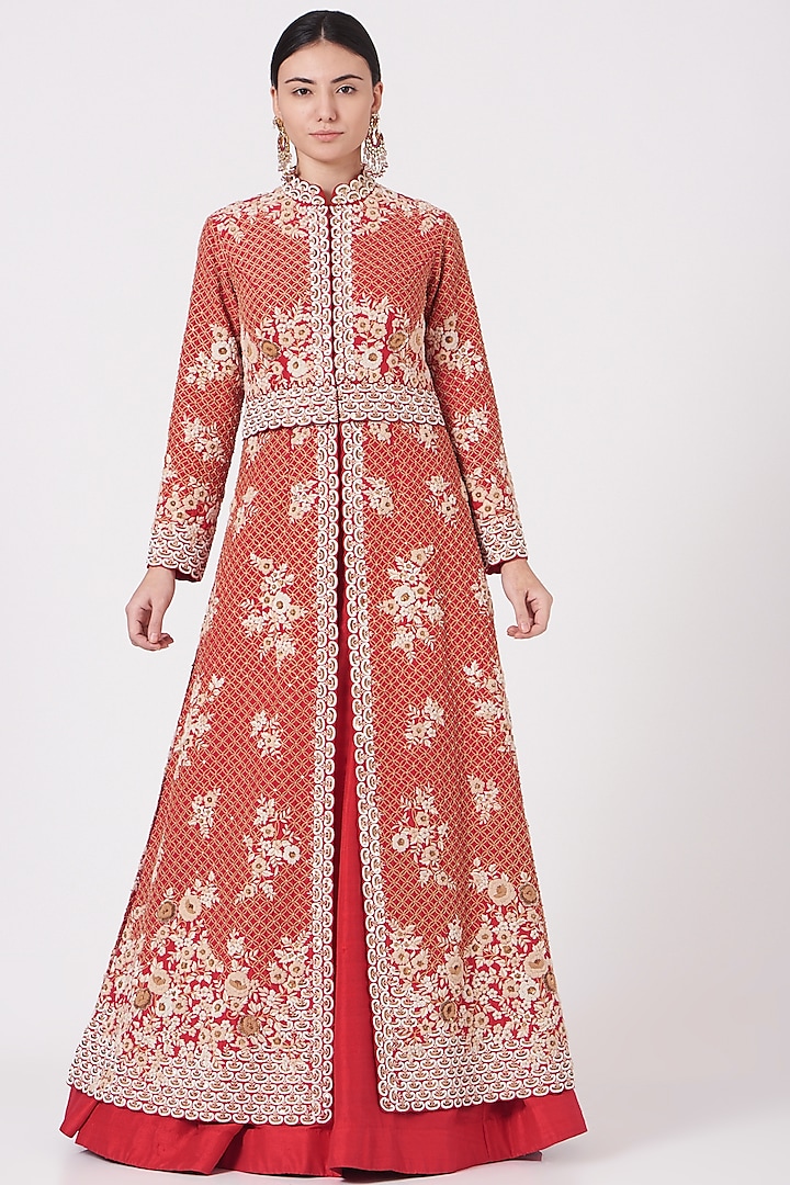 Fiery Red Embroidered Jacket Set by Shantanu Goenka