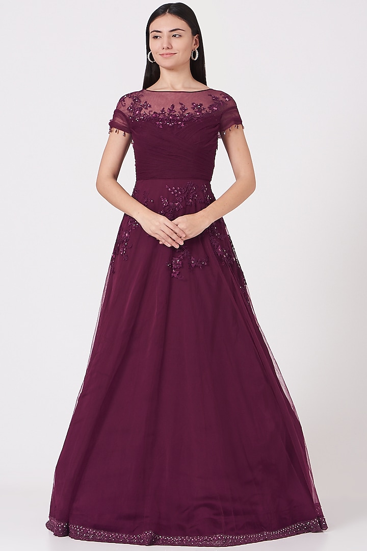 Wine Embroidered Pleated Gown by Shantanu Goenka