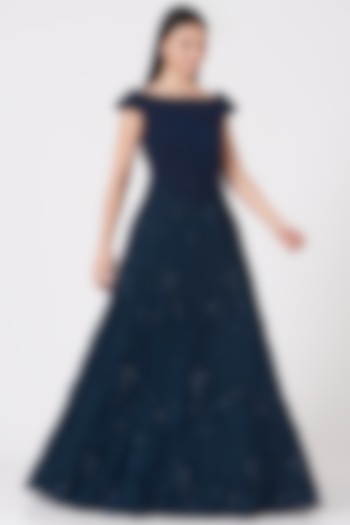 Navy Blue Applique Embroidered Gown by Shantanu Goenka at Pernia's Pop Up Shop