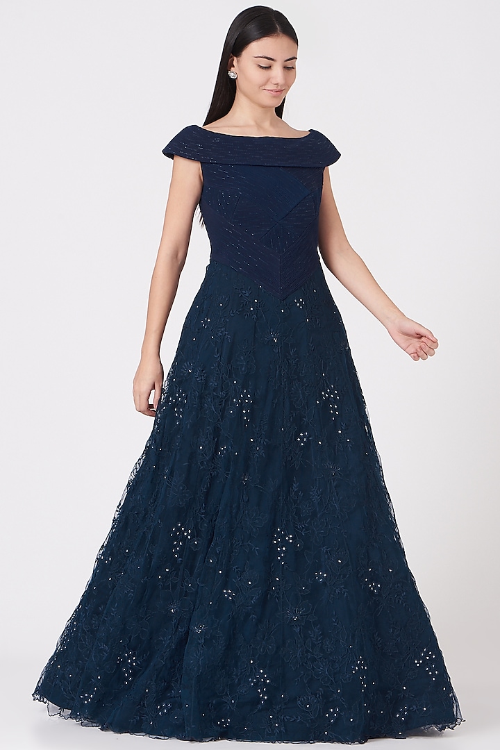 Navy Blue Applique Embroidered Gown by Shantanu Goenka
