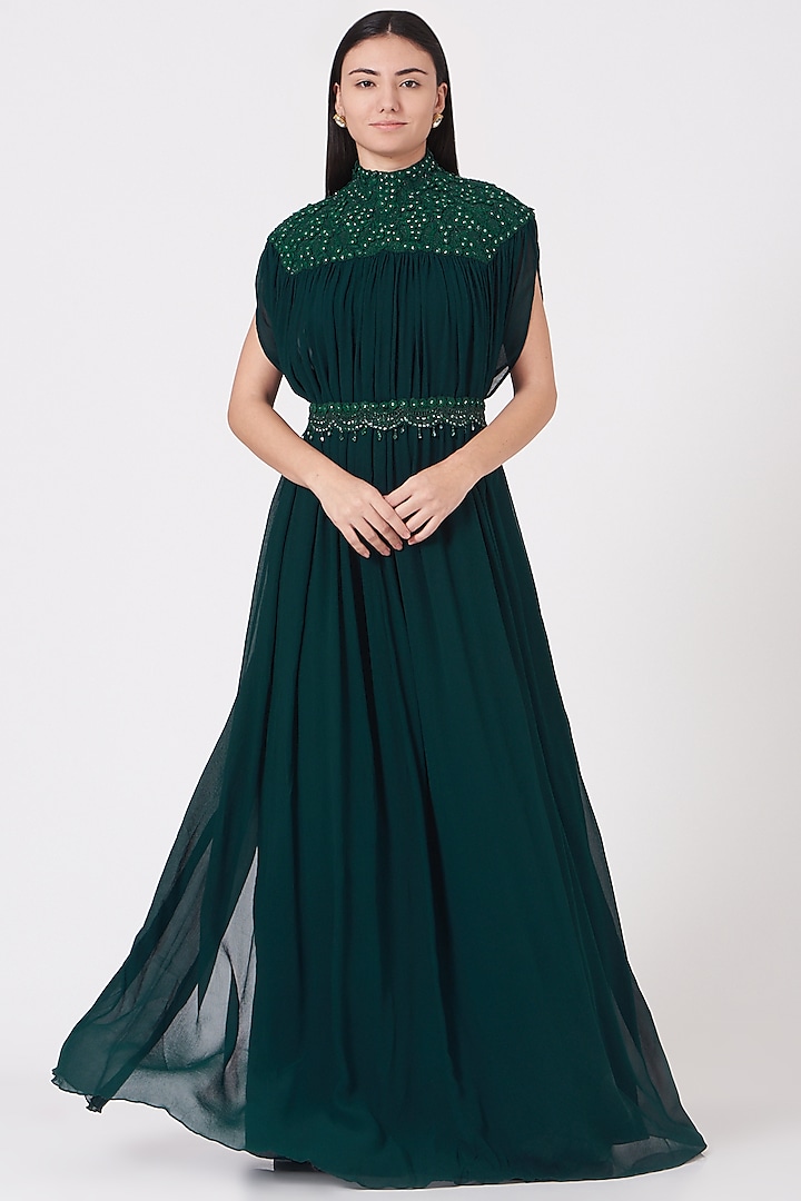Midnight Green Embroidered Cape With Belt by Shantanu Goenka