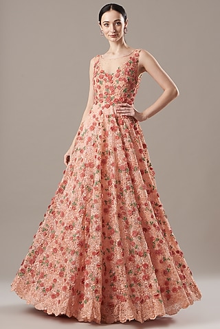 Peach Printed Gown by Shantanu Goenka