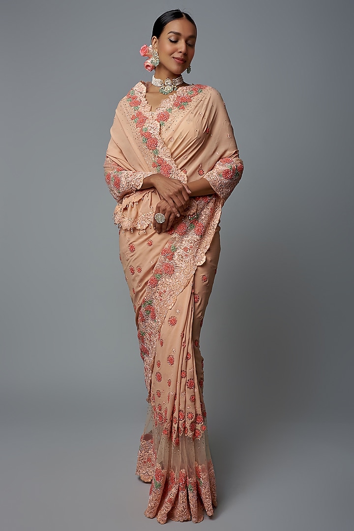 Peach Georgette & Tulle Embroidered Saree Set by Shantanu Goenka at Pernia's Pop Up Shop