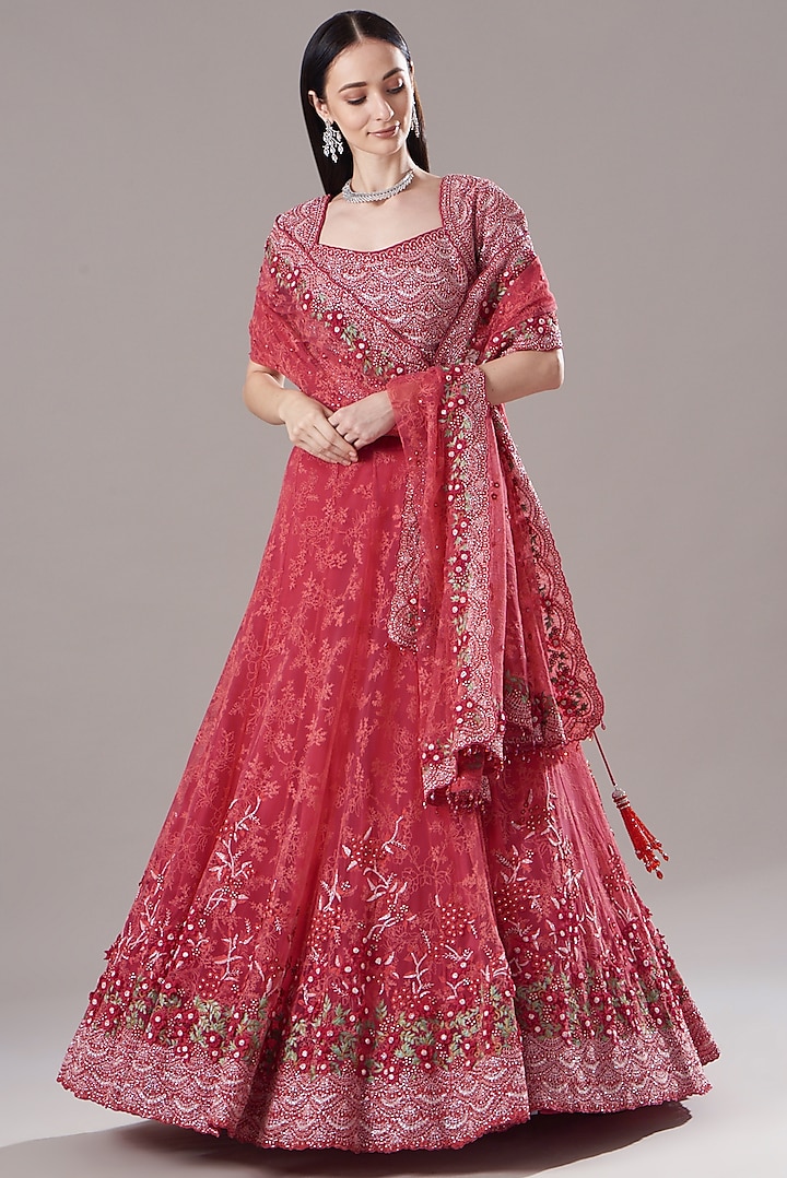 Raspberry Embroidered Bridal Lehenga Set by Shantanu Goenka at Pernia's Pop Up Shop