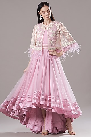 Lilac Embroidered Gown With Jacket by Shantanu Goenka