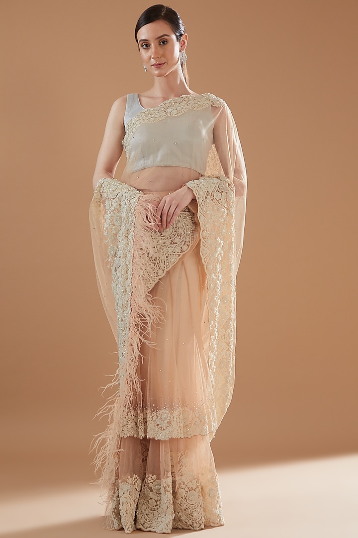 Nude Net Pre-Stitched 3D Floral Applique Embroidered Saree Set by Shantanu Goenka