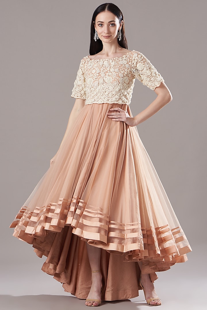 Nude Embroidered Asymmetrical Gown by Shantanu Goenka