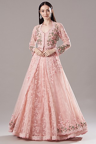 Blush Pink Embroidered Jacket Lehenga Set by Shantanu Goenka