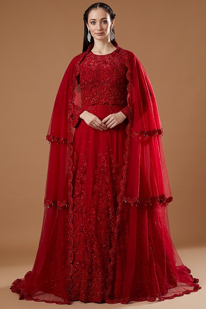 Red Embroidered Gown With Veil by Shantanu Goenka