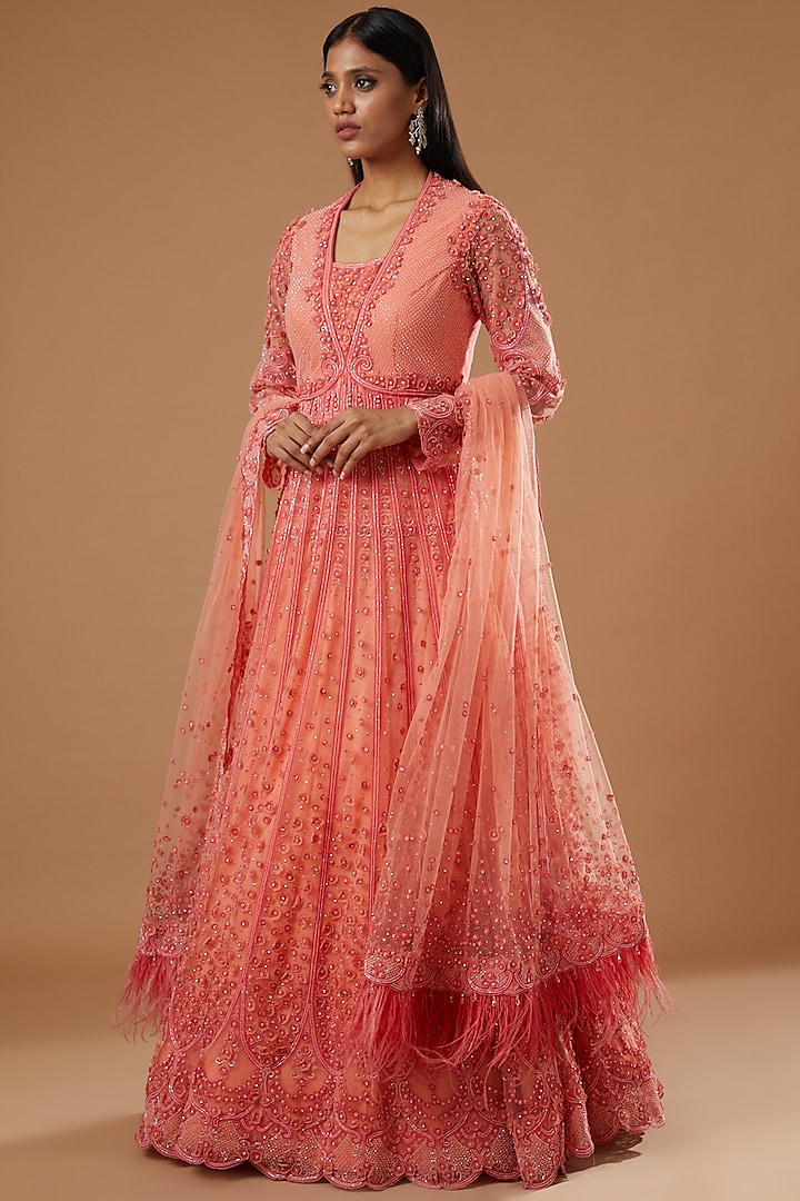 Peach Embroidered Gown With Dupatta by Shantanu Goenka