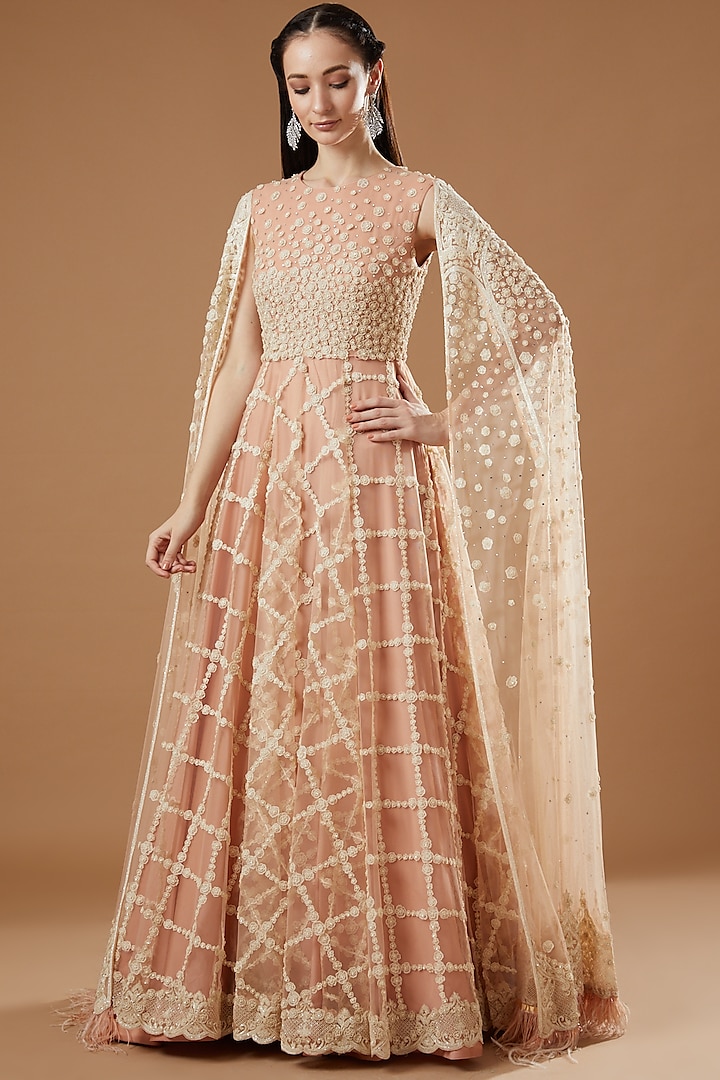 Nude & Cream Tulle Gown With Feathers by Shantanu Goenka