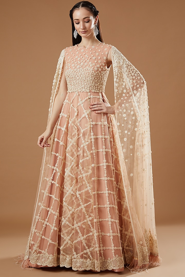 Nude & Cream Tulle Gown With Feathers by Shantanu Goenka at Pernia's Pop Up Shop