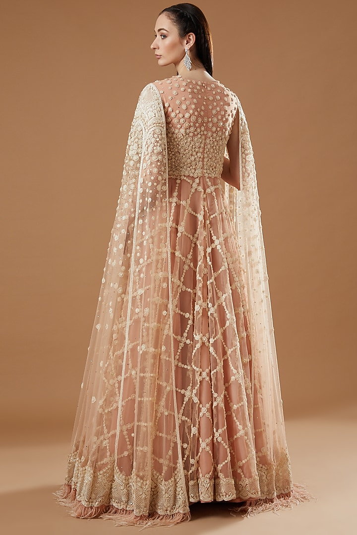 Nude & Cream Tulle Bridal Gown With Feathers by Shantanu Goenka at Pernia's Pop Up Shop