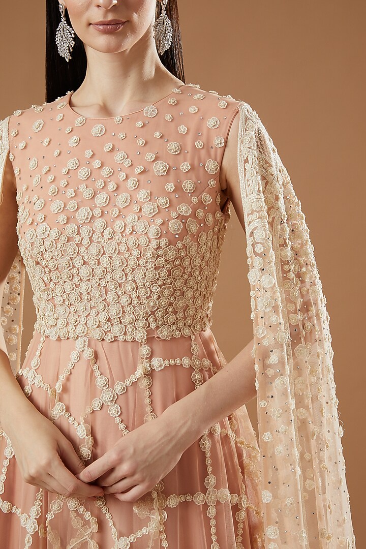 Nude & Cream Tulle Bridal Gown With Feathers by Shantanu Goenka at Pernia's Pop Up Shop