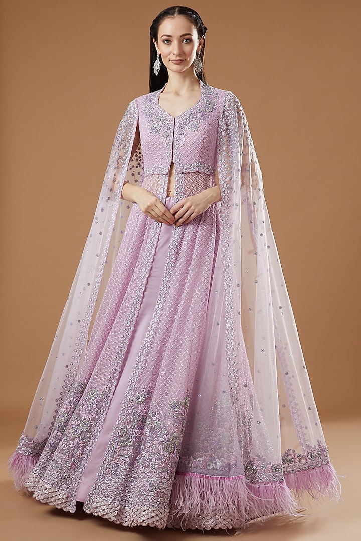 Lilac Embroidered Jacket Lehenga Set by Shantanu Goenka