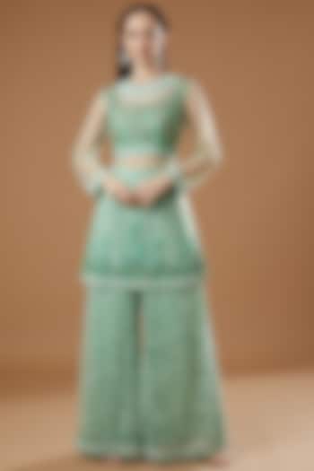 Aqua Embroidered Bridal Sharara Set by Shantanu Goenka at Pernia's Pop Up Shop