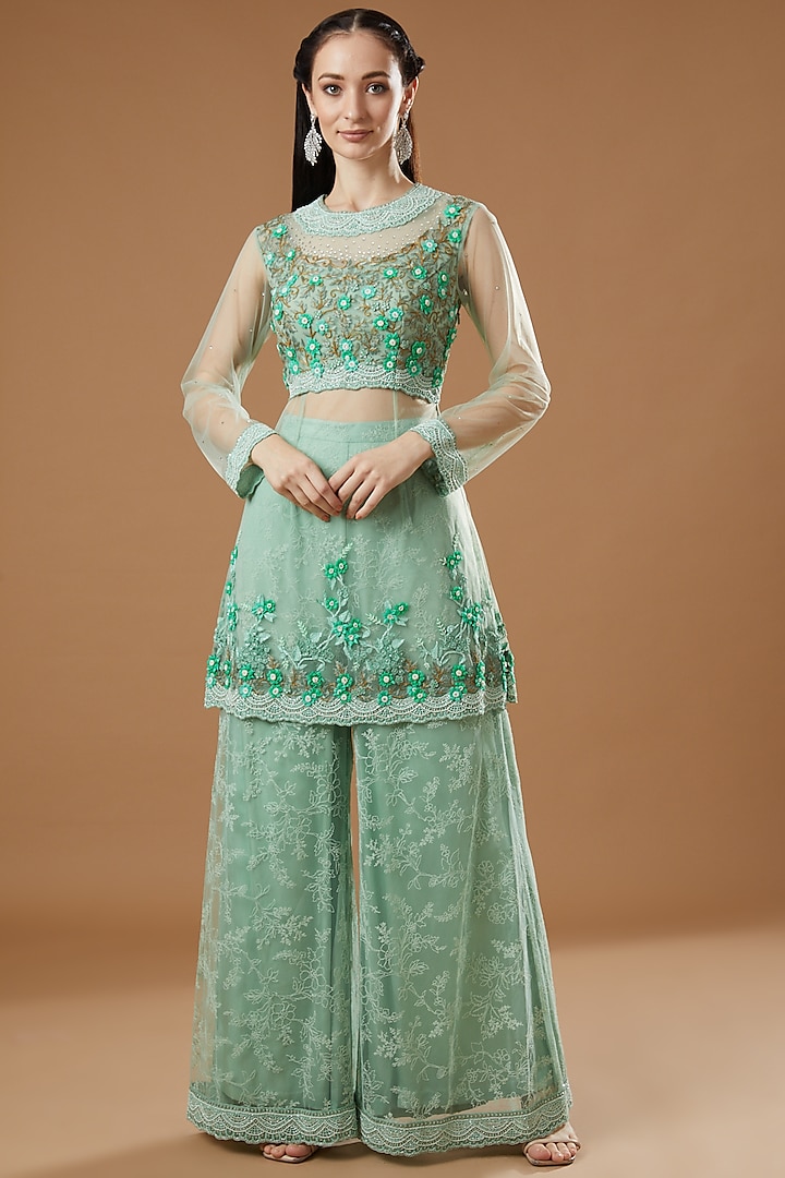 Aqua Embroidered Bridal Sharara Set by Shantanu Goenka at Pernia's Pop Up Shop