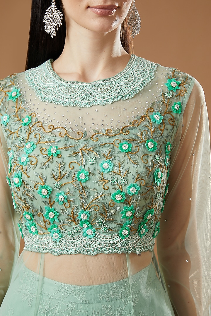 Aqua Embroidered Bridal Sharara Set by Shantanu Goenka at Pernia's Pop Up Shop