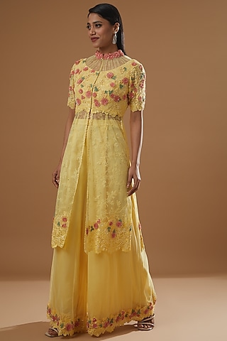 Yellow Tulle Sharara Set by Shantanu Goenka