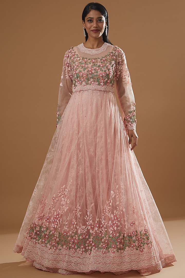 Blush Pink Hand Embroidered Layered Bridal Gown by Shantanu Goenka at Pernia's Pop Up Shop
