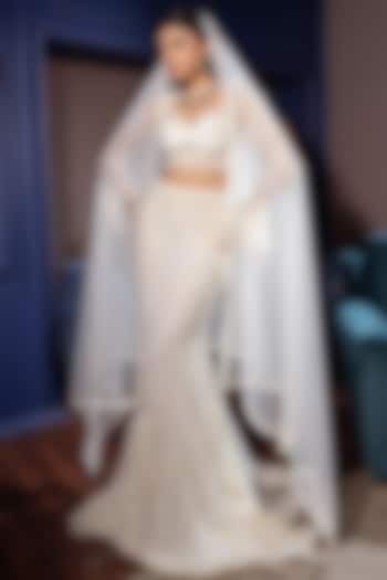 White Tulle & Lycra Satin Hand Embroidered Mermaid Bridal lehenga for 22 Lehenga Set by SHOURYA GATHA at Pernia's Pop Up Shop