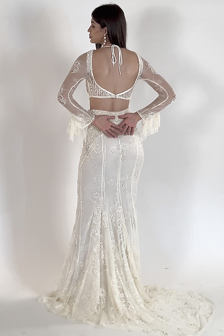 White Tulle & Lycra Satin Hand Embroidered Mermaid Bridal Lehenga Set by SHOURYA GATHA at Pernia's Pop Up Shop