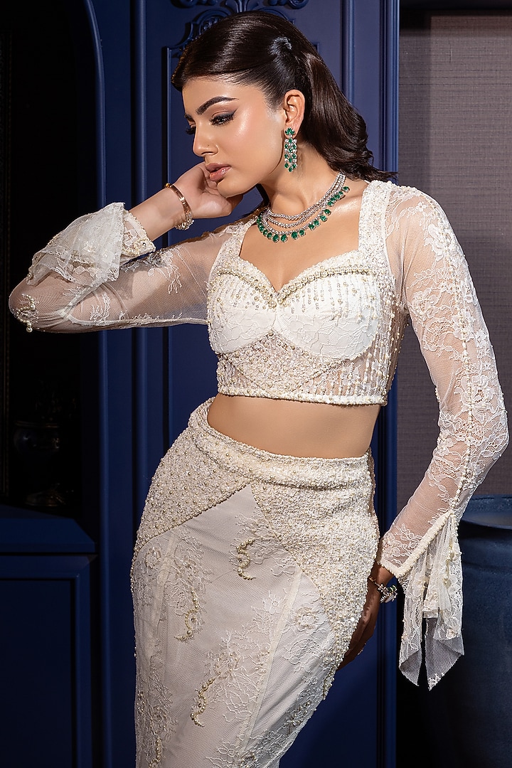 White Tulle & Lycra Satin Hand Embroidered Mermaid Bridal Lehenga Set by SHOURYA GATHA at Pernia's Pop Up Shop